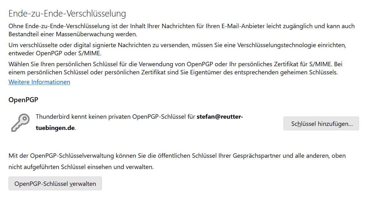 Screenshot: Kontoeinstellungen und Ende-zu-Ende-Verschlüsselung in Thunderbird